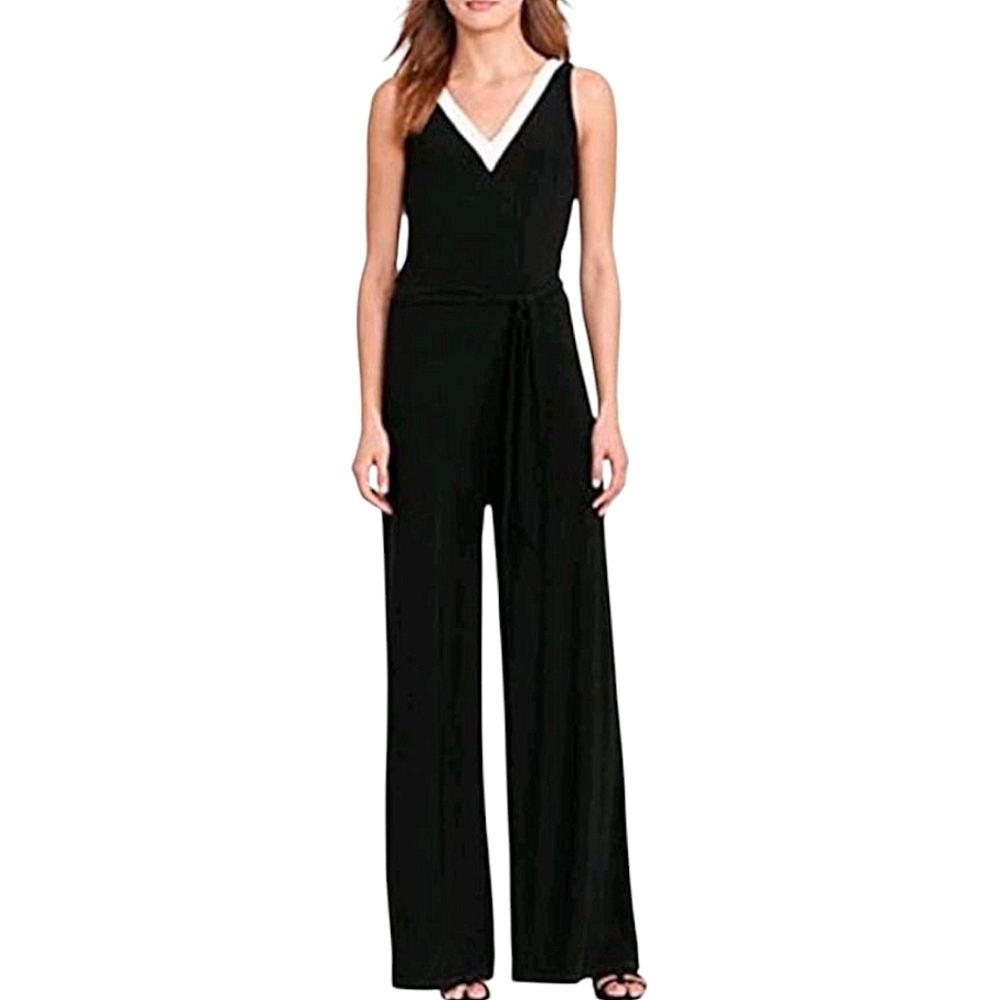 Lauren Ralph Lauren Black White  Satin Belted Wide Leg Jumpsuit L